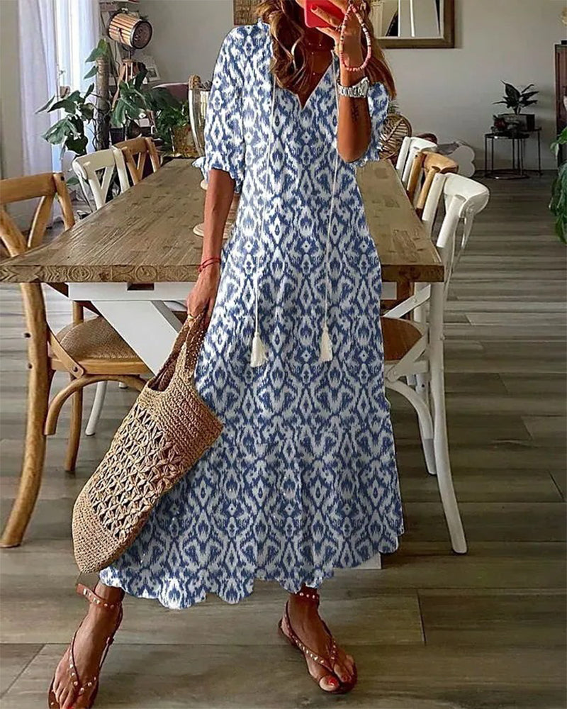 Barila Long Dress for Women – Boho Summer Dress with V-Neck, Vintage Print & Cotton Comfort