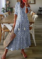 Kasey Summer Dress for Women – Long Light Dress with Floral Print, Waist Belt & Mid-Length Sleeves