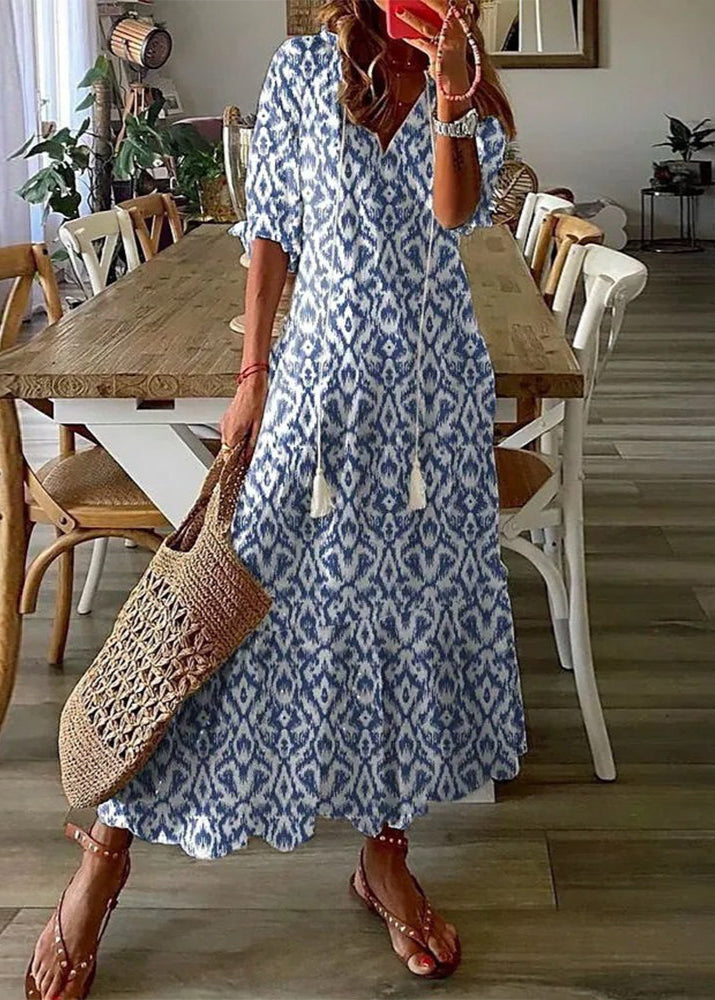Kasey Summer Dress for Women – Long Light Dress with Floral Print, Waist Belt & Mid-Length Sleeves
