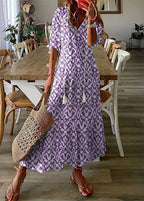 Kasey Summer Dress for Women – Long Light Dress with Floral Print, Waist Belt & Mid-Length Sleeves