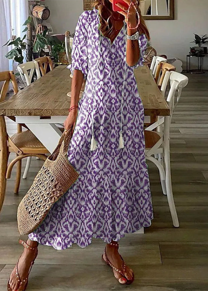 Kasey Summer Dress for Women – Long Light Dress with Floral Print, Waist Belt & Mid-Length Sleeves
