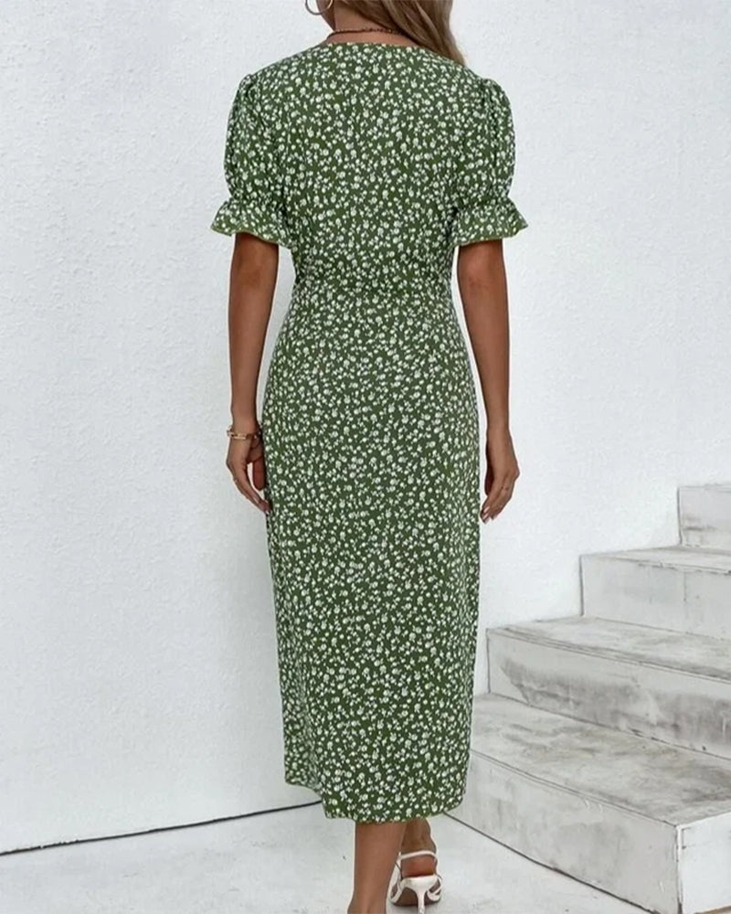 Quincy Summer Dress for Women – Floral Short-Sleeve Dress with Elegant Button Closure
