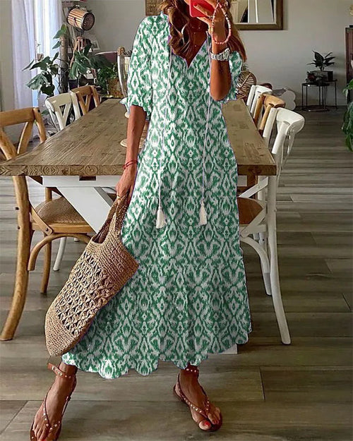 Barila Long Dress for Women – Boho Summer Dress with V-Neck, Vintage Print & Cotton Comfort