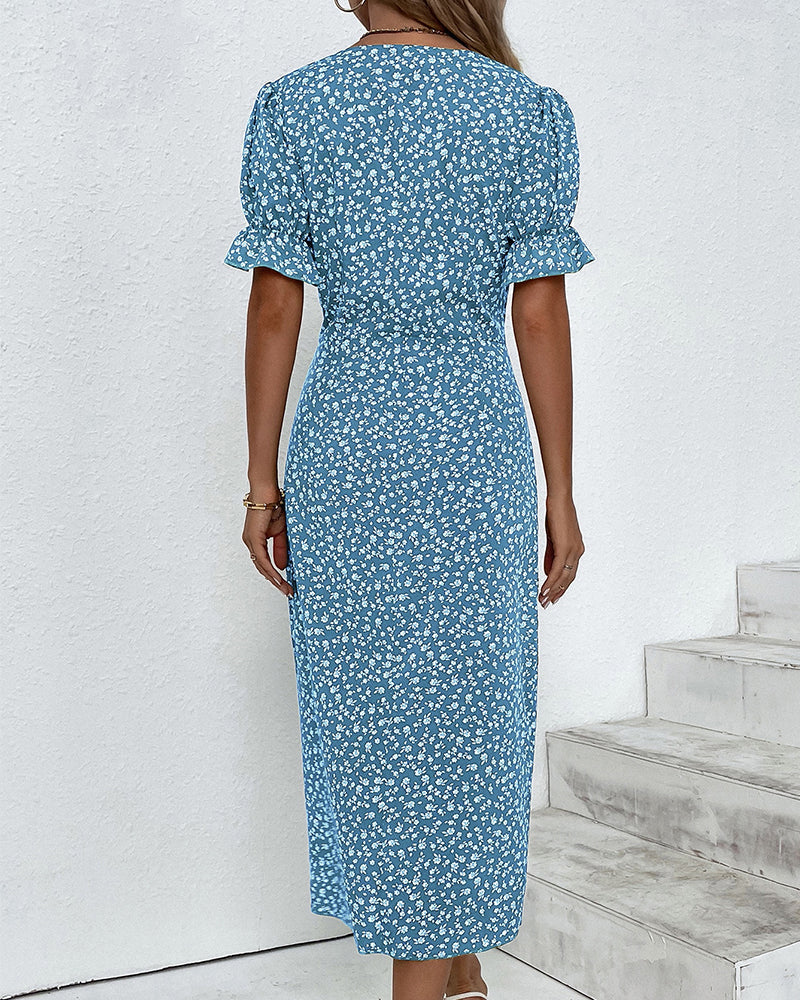 Quincy Summer Dress for Women – Floral Short-Sleeve Dress with Elegant Button Closure