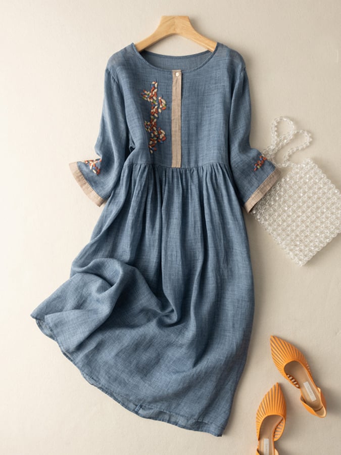 Zara Dress for Women – Embroidered Cotton and Linen Dress with Ethnic Design & Comfortable Cut