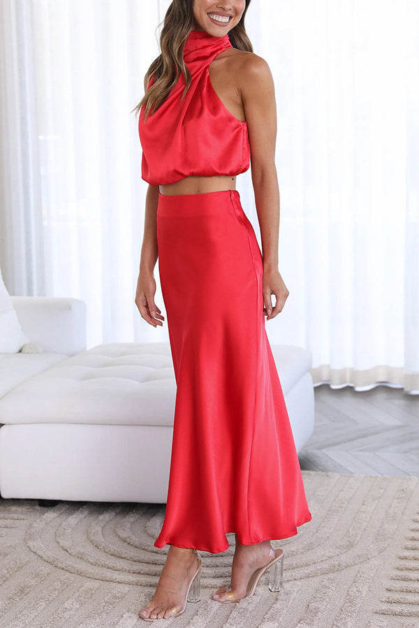 Annie Satin Set for Women – Elegant 2-Piece Set with Long-Sleeve Top & Flowy High-Waist Pants