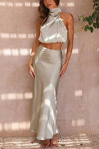 Annie Satin Set for Women – Elegant 2-Piece Set with Long-Sleeve Top & Flowy High-Waist Pants