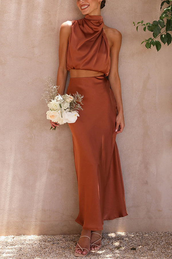 Annie Satin Set for Women – Elegant 2-Piece Set with Long-Sleeve Top & Flowy High-Waist Pants