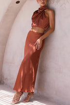 Annie Satin Set for Women – Elegant 2-Piece Set with Long-Sleeve Top & Flowy High-Waist Pants