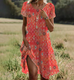 Aria Midi Dress for Women – Orange Short-Sleeve Dress with Round Neck & Elegant Comfort
