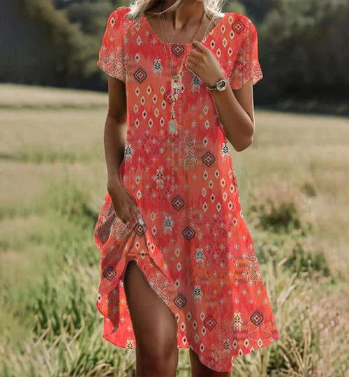 Aria Midi Dress for Women – Orange Short-Sleeve Dress with Round Neck & Elegant Comfort