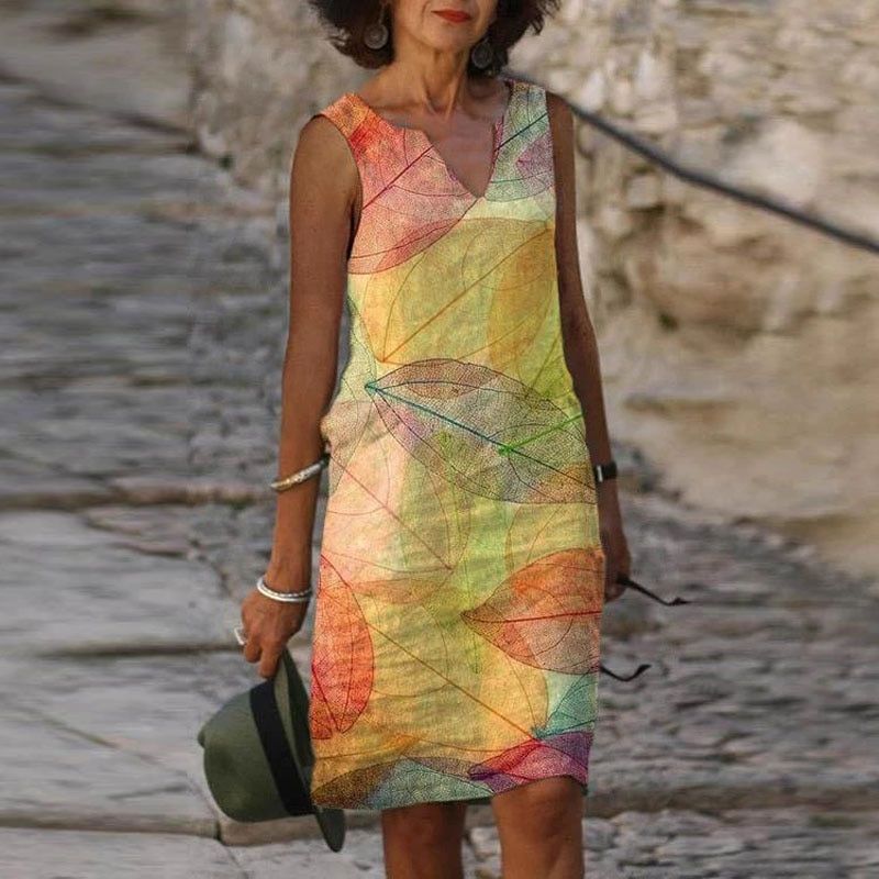 Liorah Summer Dress for Women – Sleeveless Dress with Autumn Print, V-Neck & Elegant Flared Cut