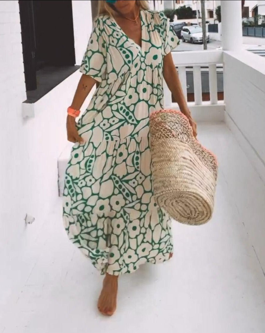 Ester Long Floral Dress for Women – Short Flutter Sleeves & Green-Cream Summer Print