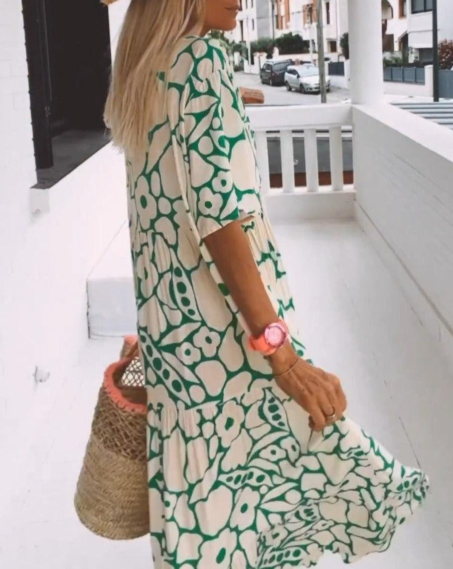 Ester Long Floral Dress for Women – Short Flutter Sleeves & Green-Cream Summer Print