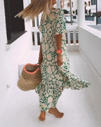 Ester Long Floral Dress for Women – Short Flutter Sleeves & Green-Cream Summer Print