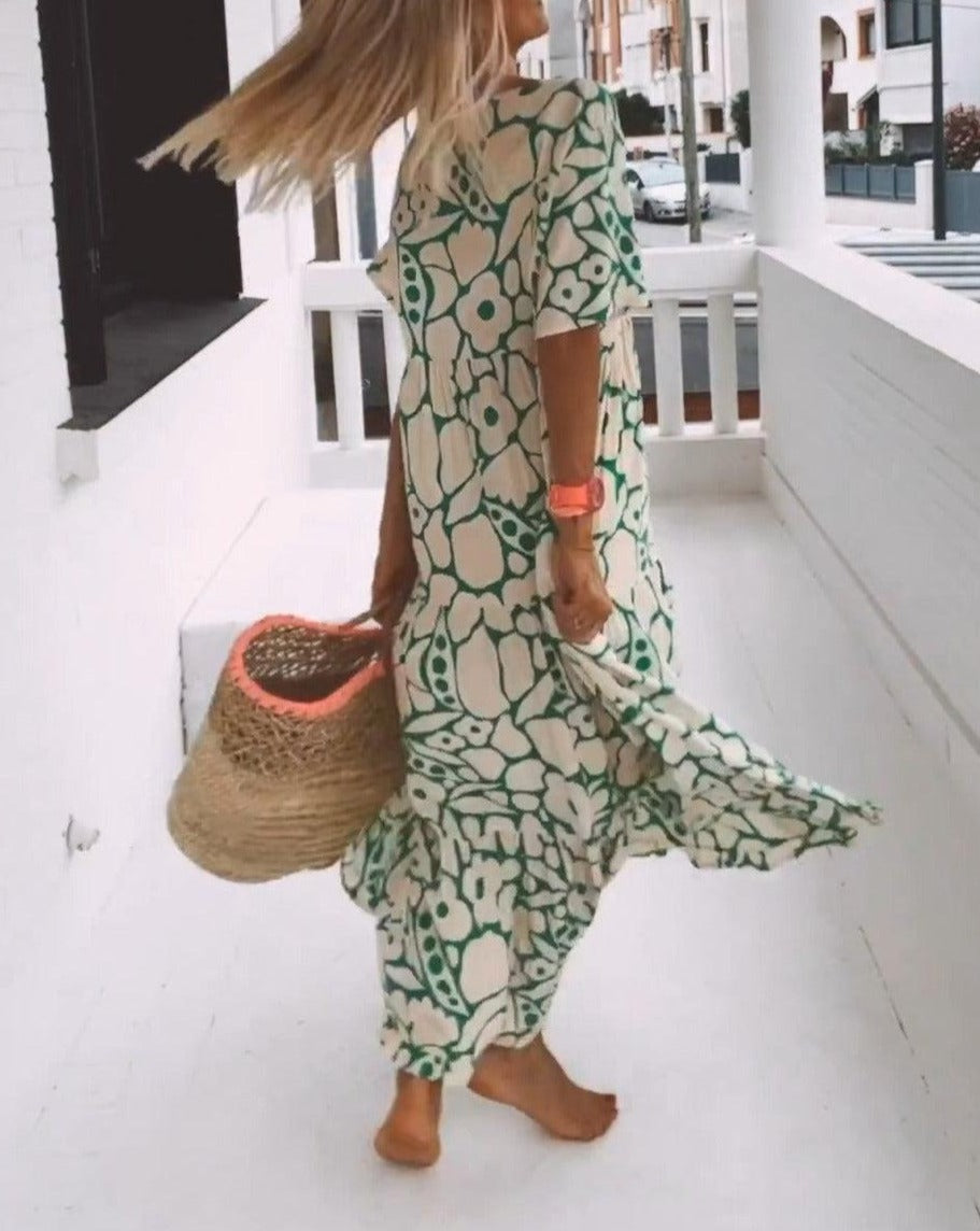 Ester Long Floral Dress for Women – Short Flutter Sleeves & Green-Cream Summer Print