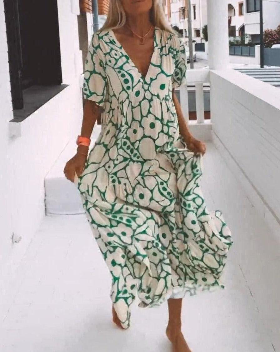 Ester Long Floral Dress for Women – Short Flutter Sleeves & Green-Cream Summer Print