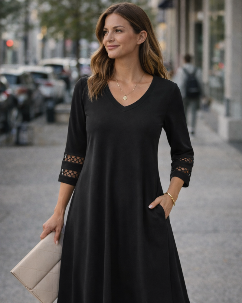Rummi Dress for Women – V-Neck, 3/4 Lace Sleeves & A-Line Midi Cut with Pockets