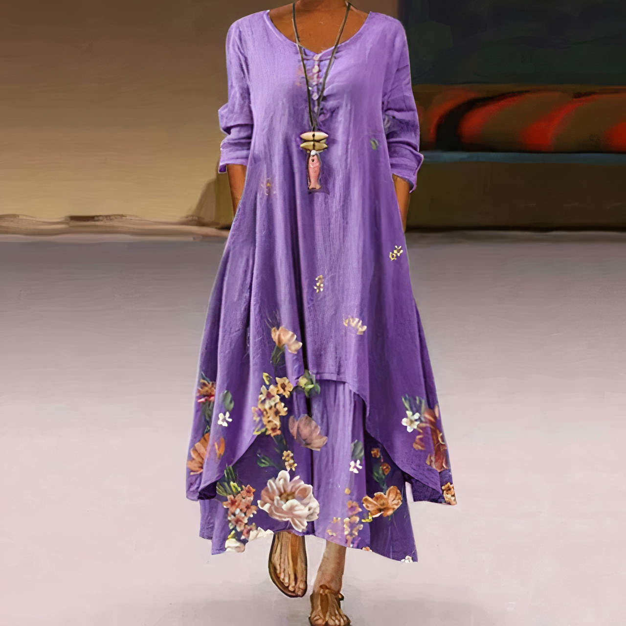 Tania Long Dress for Women – Elegant Floral Dress with Embroidery & Slit for a Summer Look