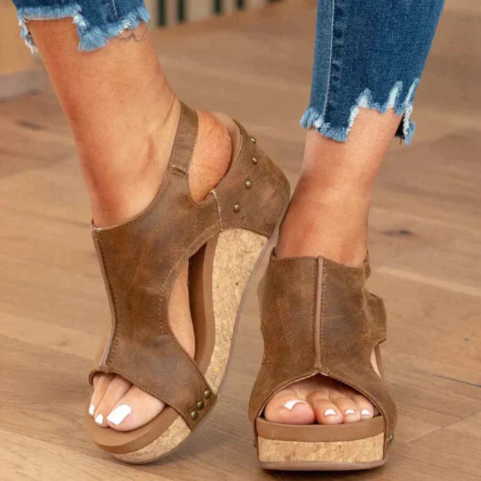 Milla Platform Sandals for Women – PU Leather, Cork Heel, Open Toe & Back Strap