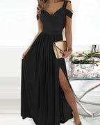 Antonella Elegant Long Dress for Women – Off-Shoulder Dress with Floral Motif & Chic Slit