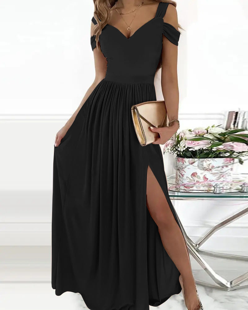 Antonella Elegant Long Dress for Women – Off-Shoulder Dress with Floral Motif & Chic Slit