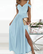 Antonella Elegant Long Dress for Women – Off-Shoulder Dress with Floral Motif & Chic Slit
