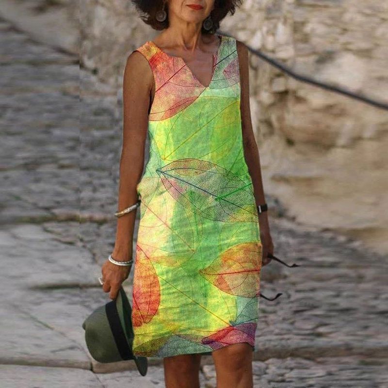 Liorah Summer Dress for Women – Sleeveless Dress with Autumn Print, V-Neck & Elegant Flared Cut