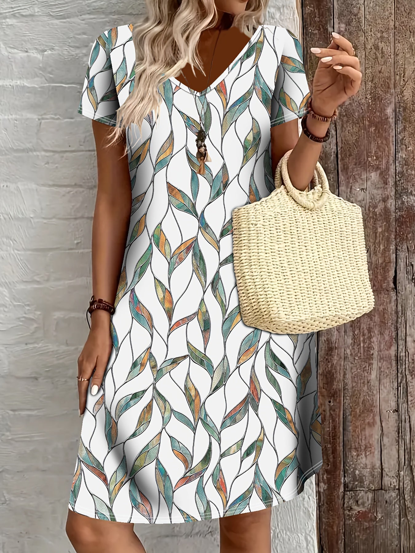 Holly Summer Dress for Women – Elegant Midi Dress with Leaf Print & V-Neck