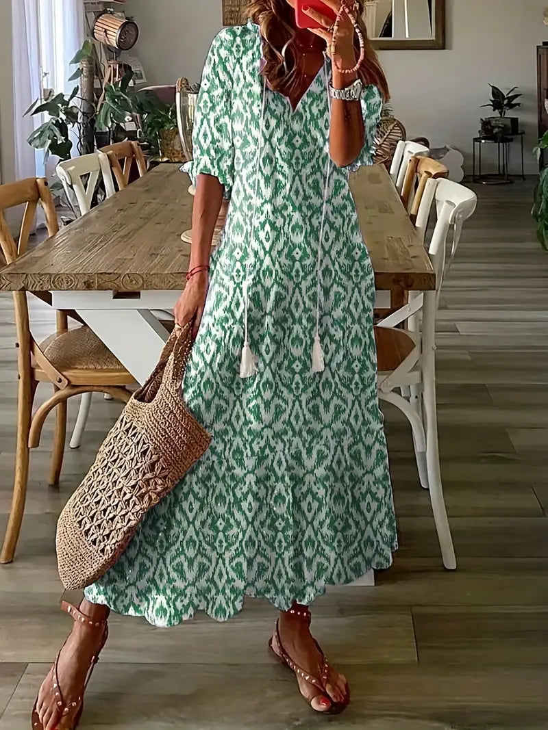 Charm Boho Dress for Women – Elegant Summer Dress with Ruffles, V-Neck & Ikat Pattern