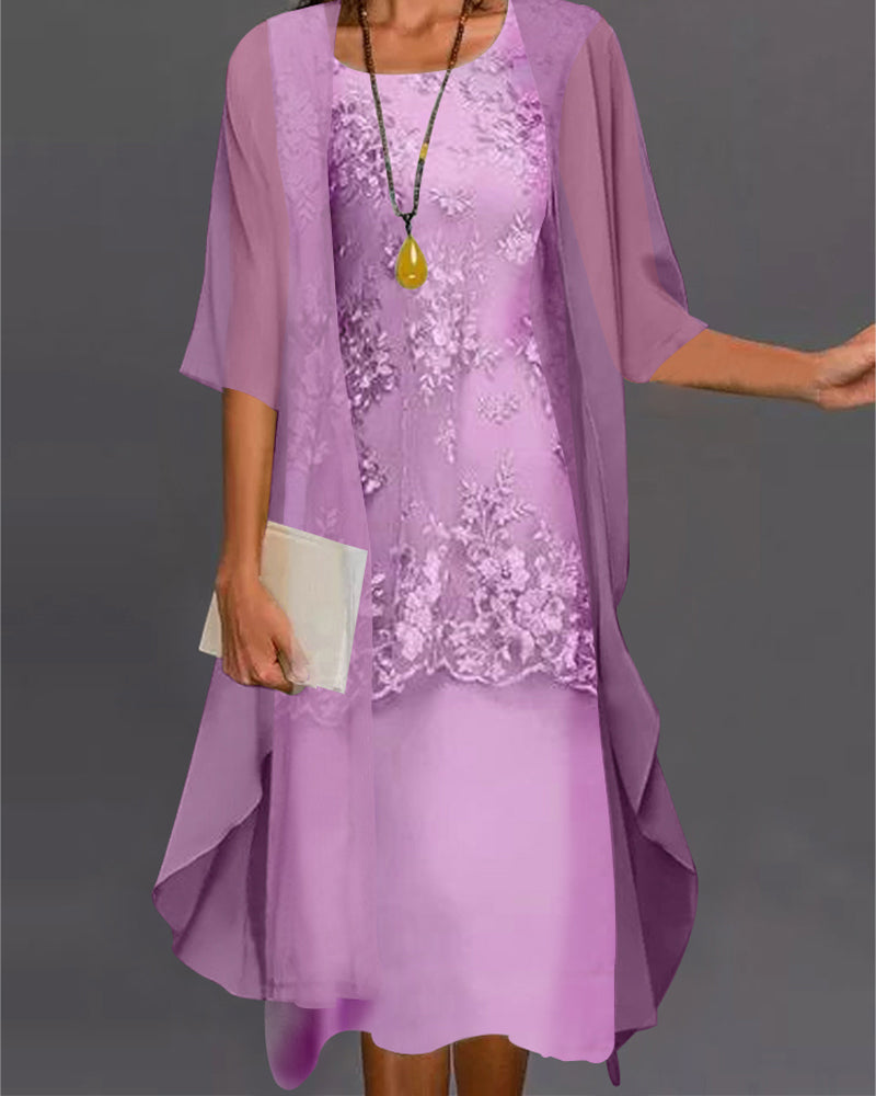 Rishta Two-Piece Dress Set for Women – Elegant Chiffon Set with Lace, Patchwork & 3/4 Sleeves