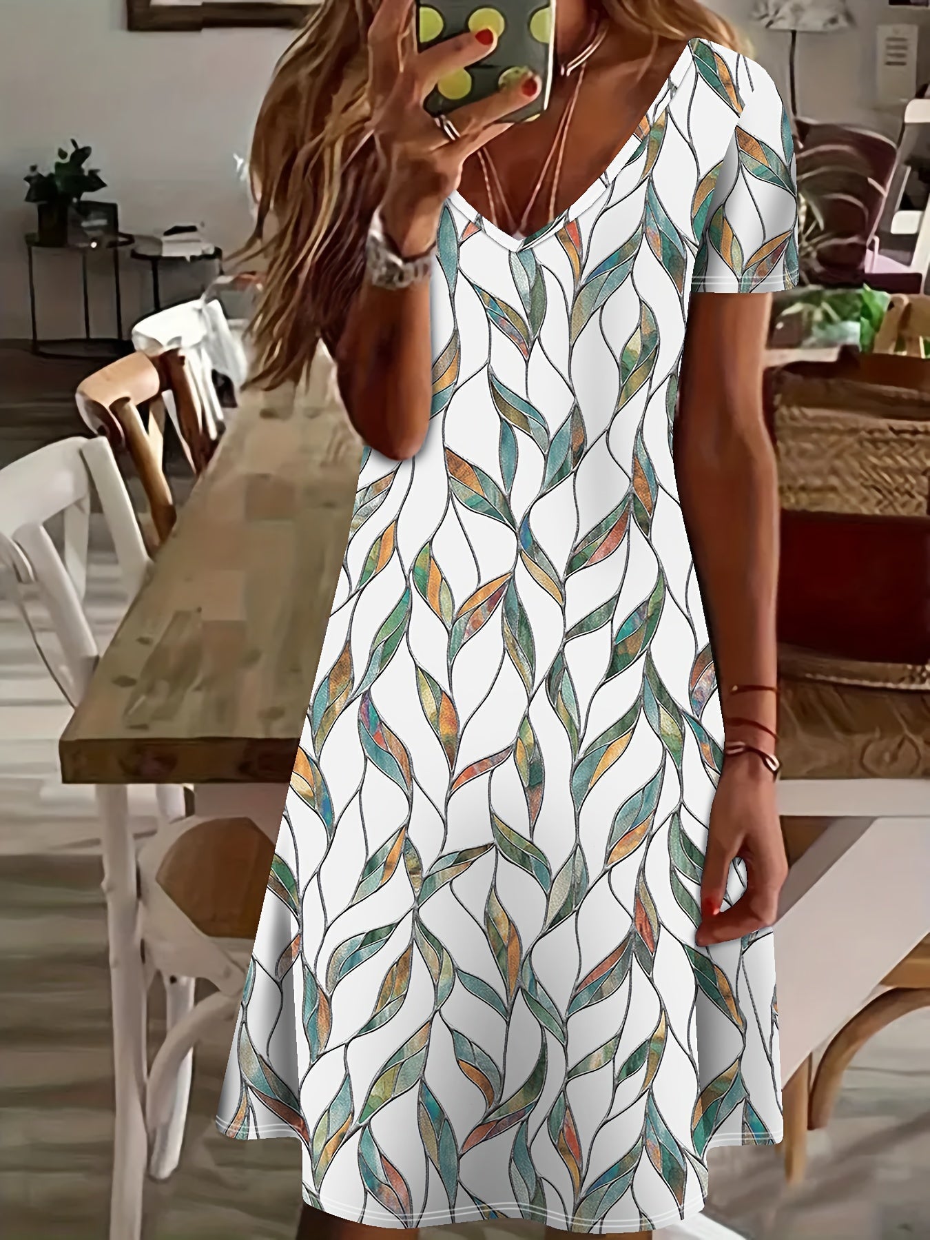 Holly Summer Dress for Women – Elegant Midi Dress with Leaf Print & V-Neck