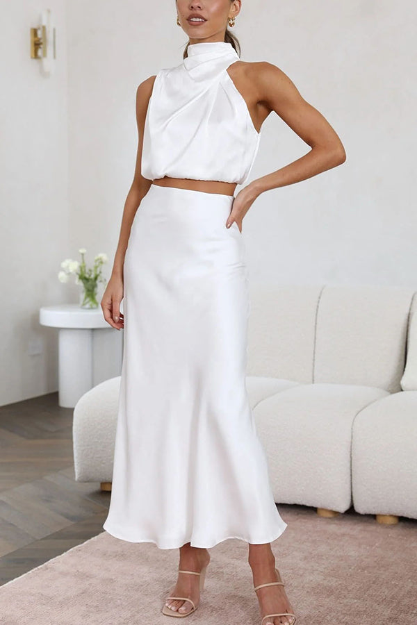 Annie Satin Set for Women – Elegant 2-Piece Set with Long-Sleeve Top & Flowy High-Waist Pants