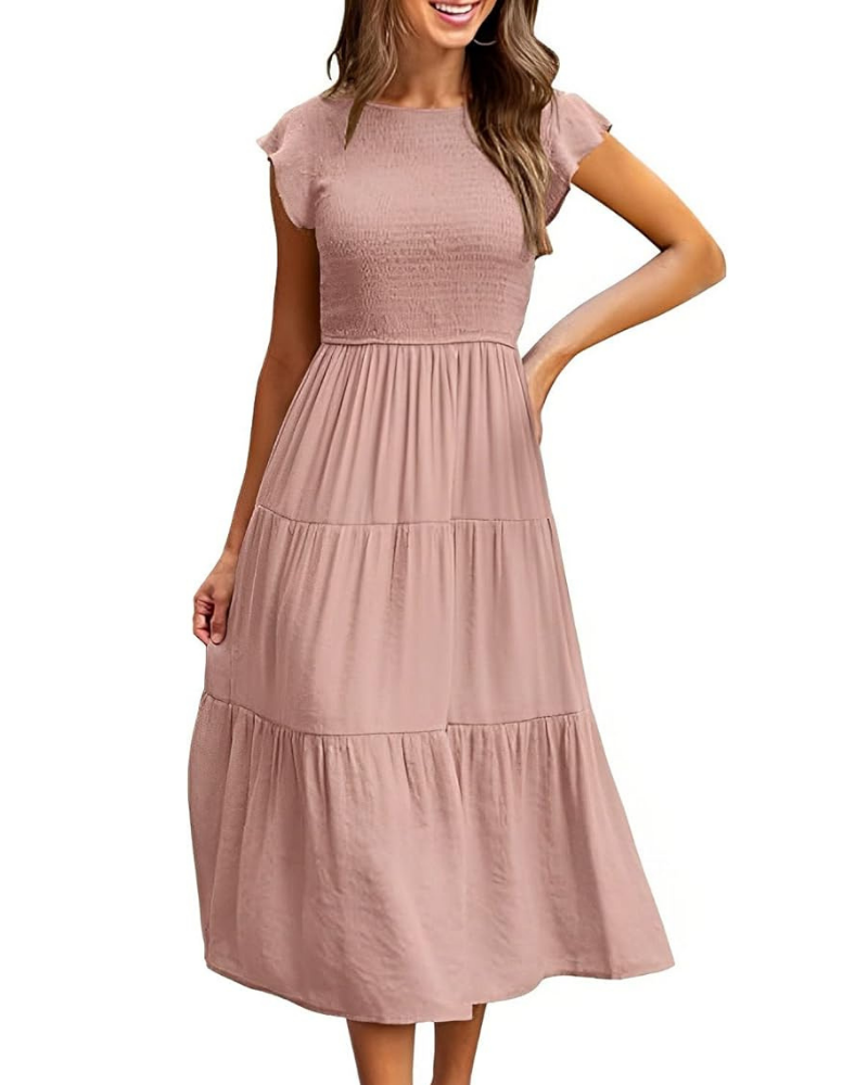 Greta Midi Dress for Women – Round Neck, Flutter Sleeves & Elastic Waist A-Line, Summer