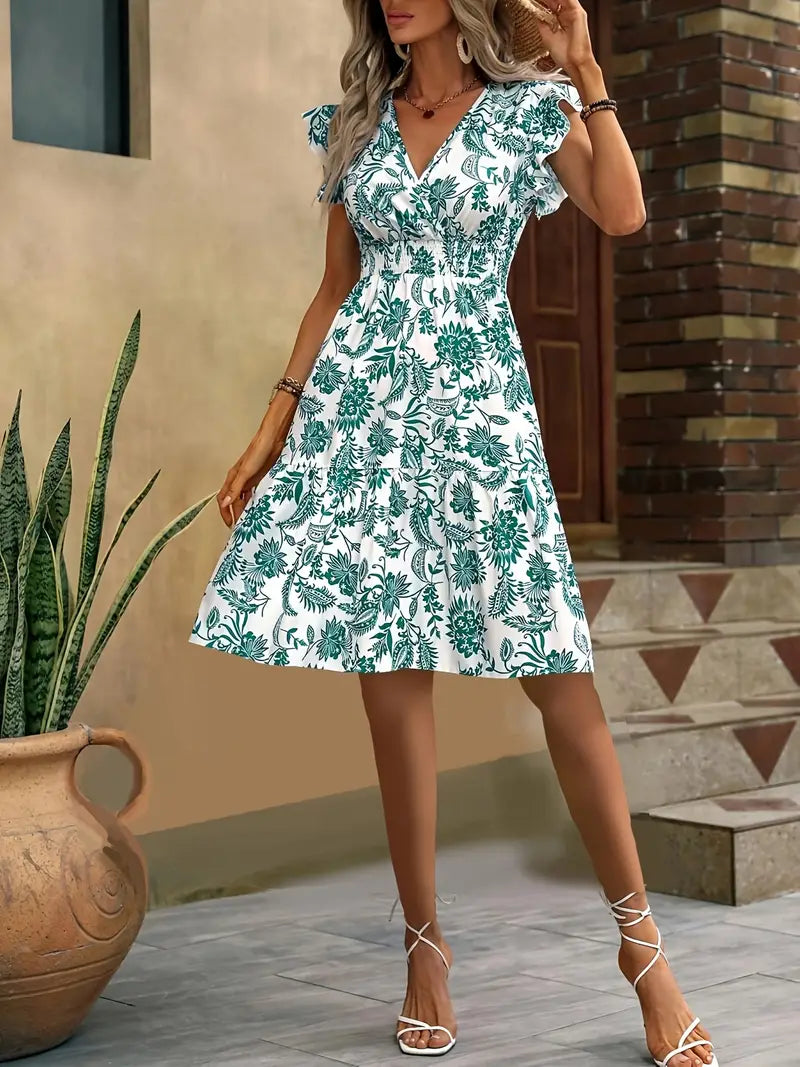Lauren Summer Dress for Women – Elegant V-Neck Dress with Ruffles & Gathered Waist for Vacation
