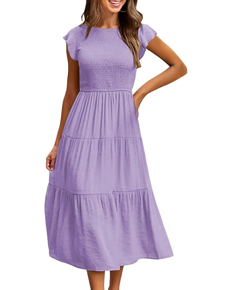 Greta Midi Dress for Women – Round Neck, Flutter Sleeves & Elastic Waist A-Line, Summer