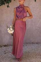 Annie Satin Set for Women – Elegant 2-Piece Set with Long-Sleeve Top & Flowy High-Waist Pants
