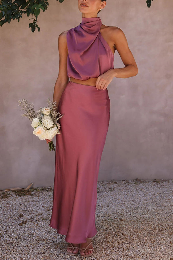 Annie Satin Set for Women – Elegant 2-Piece Set with Long-Sleeve Top & Flowy High-Waist Pants
