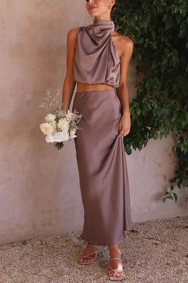 Annie Satin Set for Women – Elegant 2-Piece Set with Long-Sleeve Top & Flowy High-Waist Pants