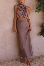 Annie Satin Set for Women – Elegant 2-Piece Set with Long-Sleeve Top & Flowy High-Waist Pants