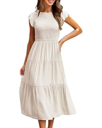 Greta Midi Dress for Women – Round Neck, Flutter Sleeves & Elastic Waist A-Line, Summer