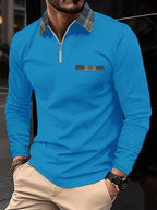 Frank Long-Sleeve Polo – Zip Collar & Checkered Pattern, Elegance and Comfort for Men