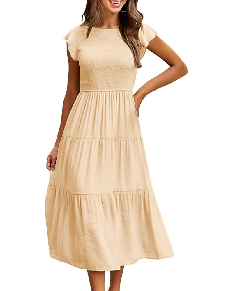 Greta Midi Dress for Women – Round Neck, Flutter Sleeves & Elastic Waist A-Line, Summer