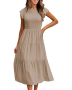 Greta Midi Dress for Women – Round Neck, Flutter Sleeves & Elastic Waist A-Line, Summer