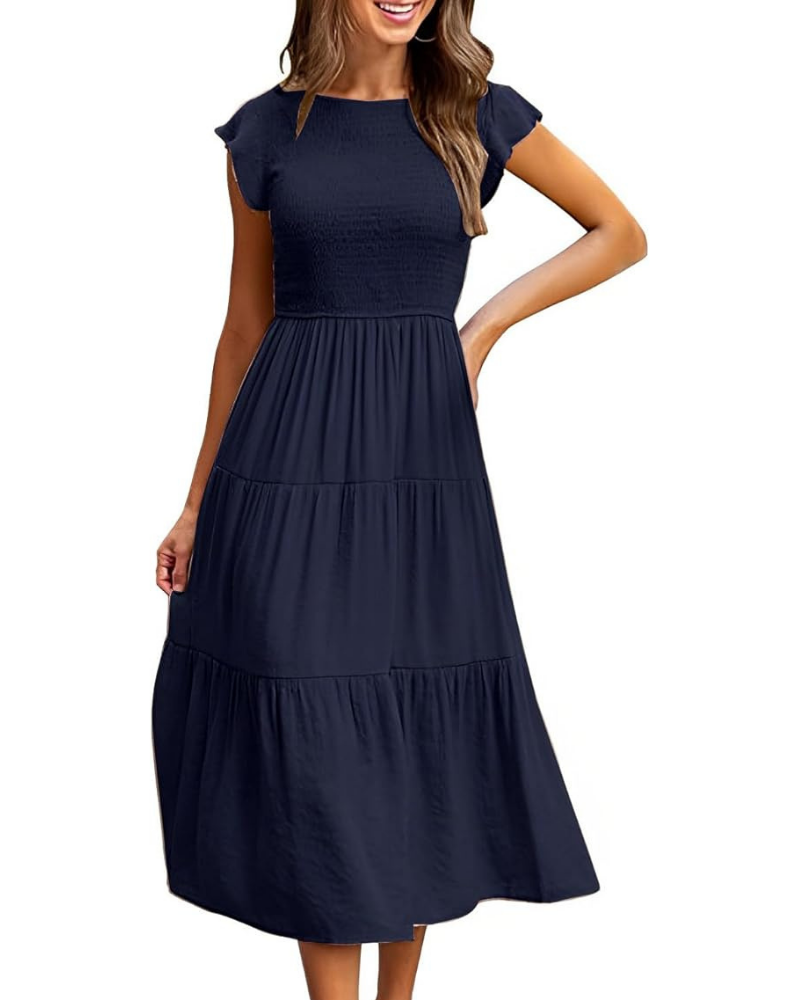 Greta Midi Dress for Women – Round Neck, Flutter Sleeves & Elastic Waist A-Line, Summer