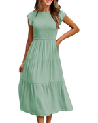 Greta Midi Dress for Women – Round Neck, Flutter Sleeves & Elastic Waist A-Line, Summer