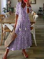 Charm Boho Dress for Women – Elegant Summer Dress with Ruffles, V-Neck & Ikat Pattern