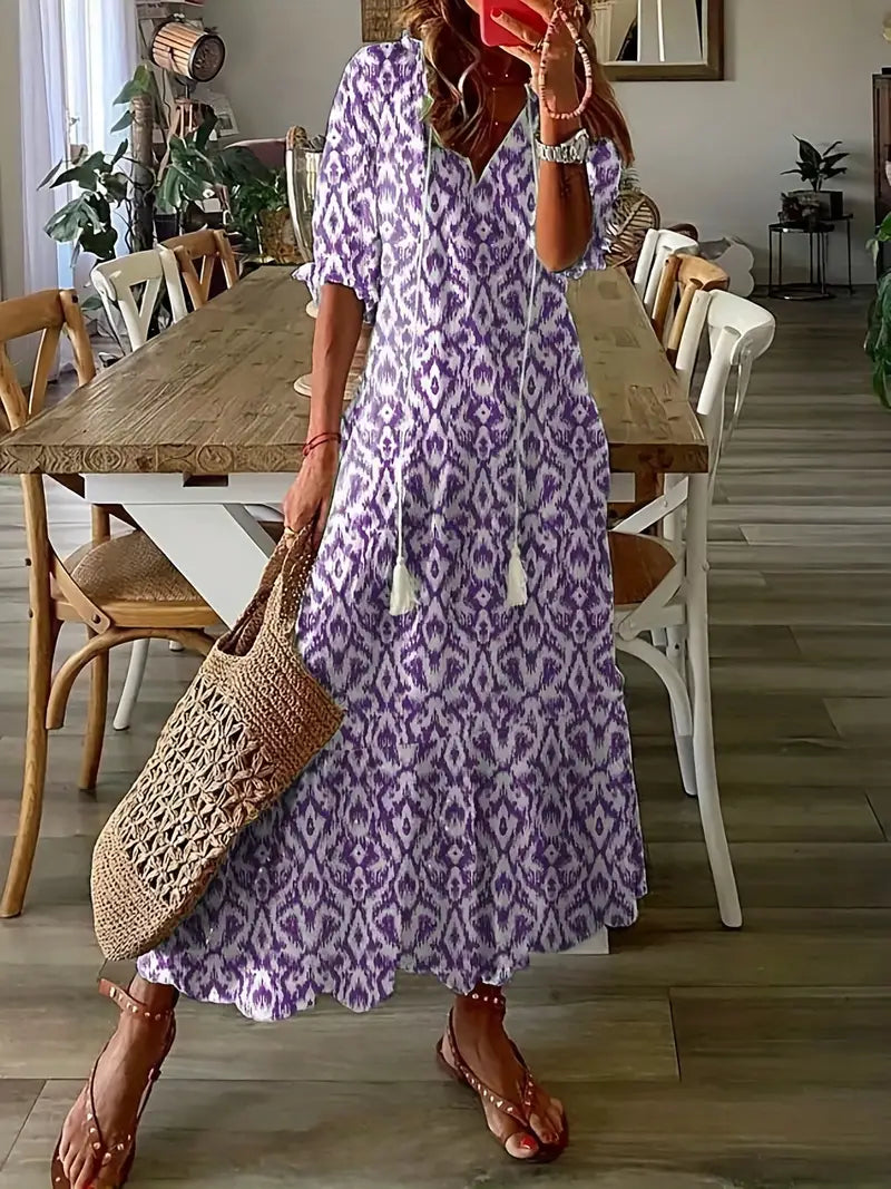 Charm Boho Dress for Women – Elegant Summer Dress with Ruffles, V-Neck & Ikat Pattern
