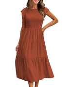 Greta Midi Dress for Women – Round Neck, Flutter Sleeves & Elastic Waist A-Line, Summer