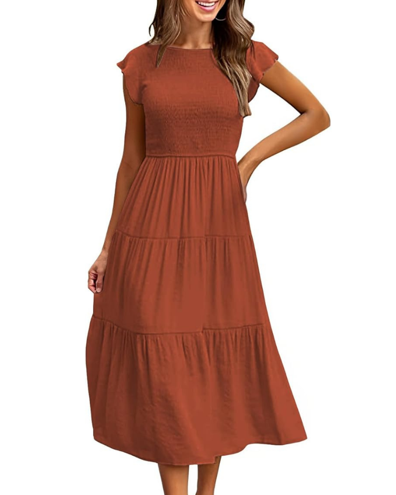 Greta Midi Dress for Women – Round Neck, Flutter Sleeves & Elastic Waist A-Line, Summer